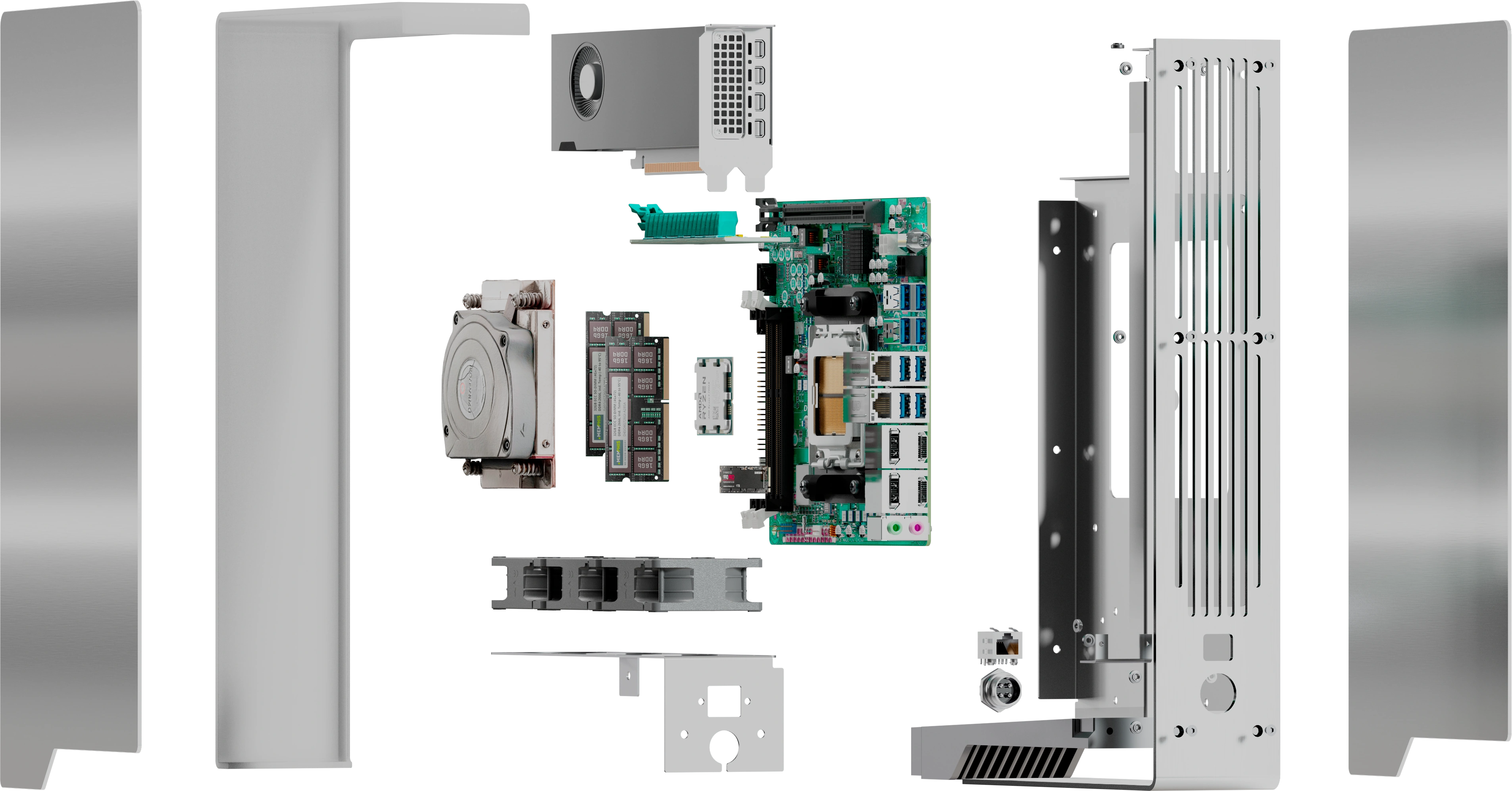 The Core's parts, exploded: side panels, housing, GPU, cooler, memory, board, fans and frame